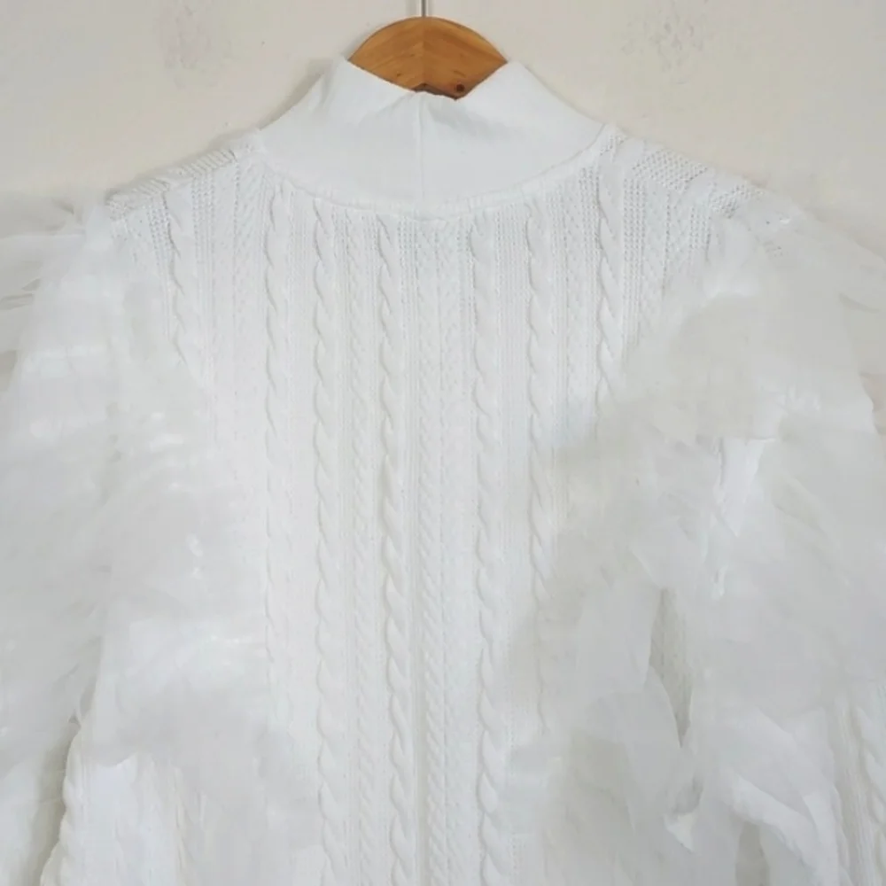 Free People Showstopper Ruffled Tulle Cable Sweater in White Size Small